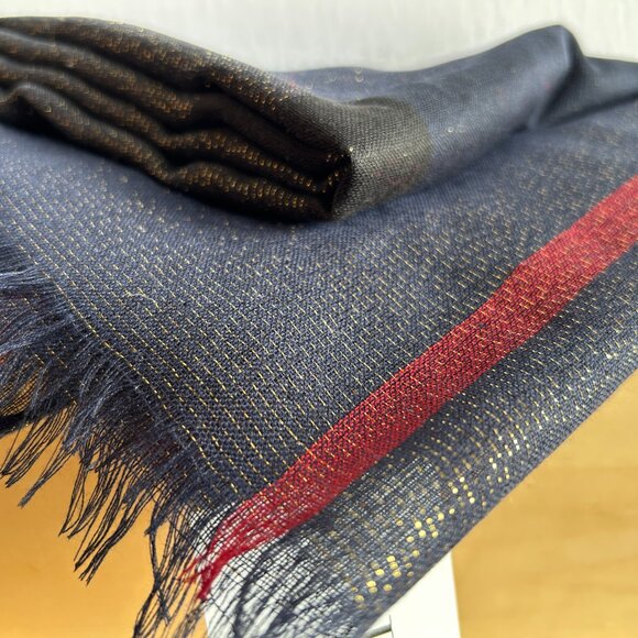 NWT Artizan Robin Barre Sparkly Plaid Scarf or Wrap, Navy With Red, Gold Sparkle - Picture 3 of 16
